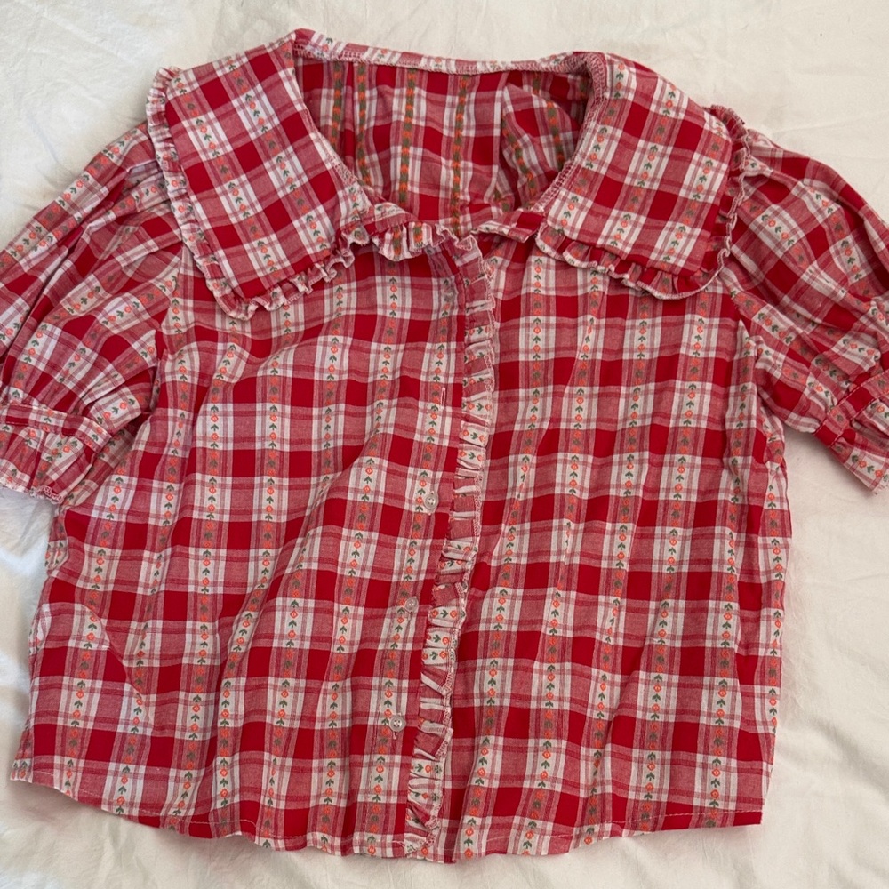 SHEIN Red & White Plaid Ruffle Collar Button-Down Blouse